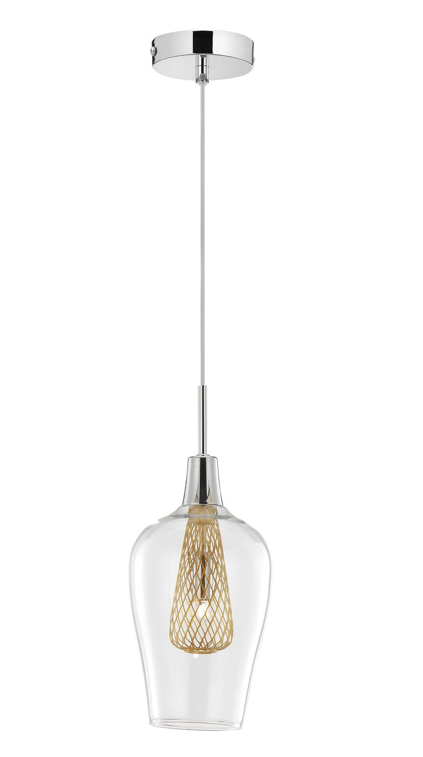 Luminaire suspendu de face, verre transparent et structure métallique dorée à l'intérieur.