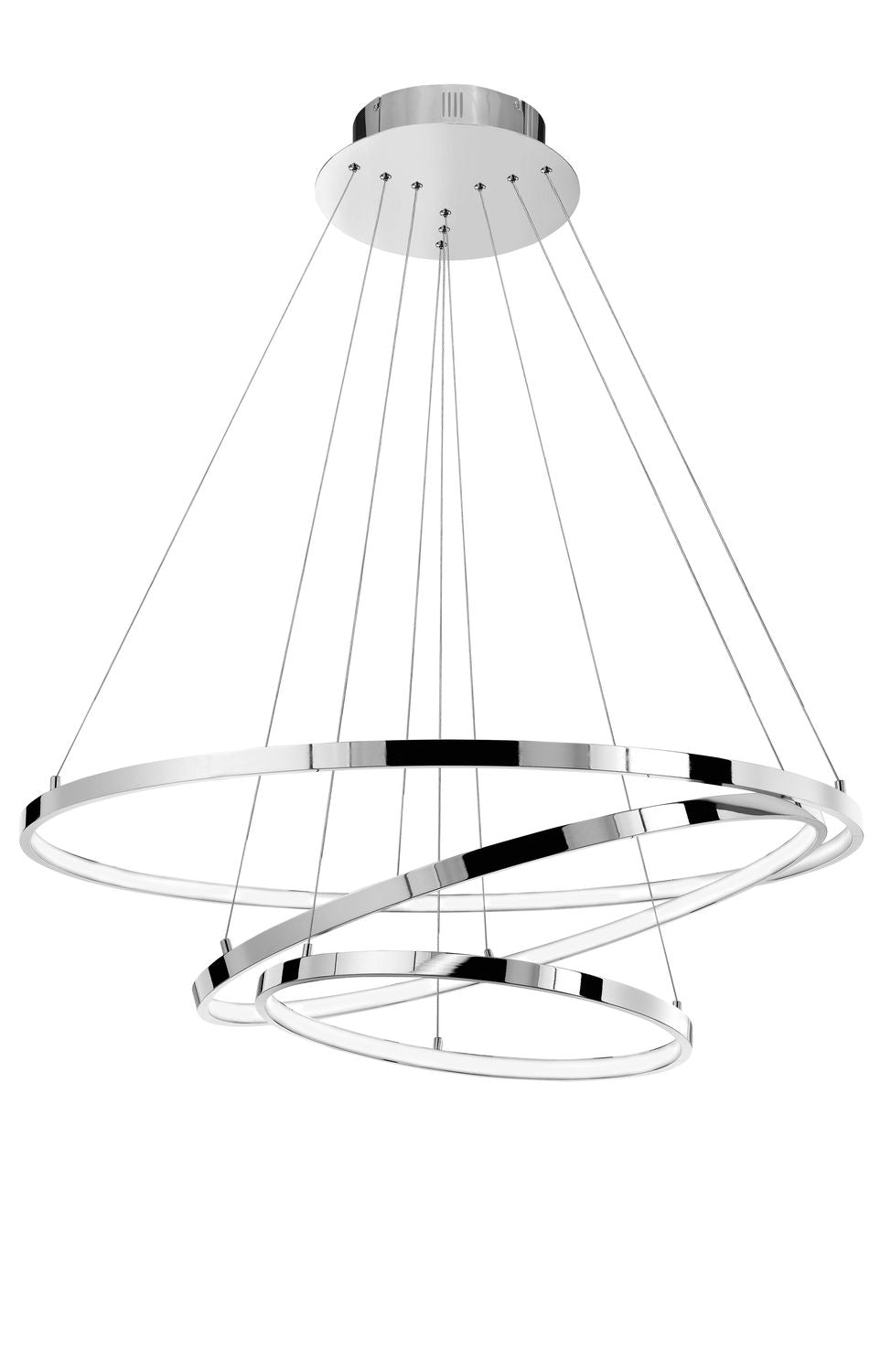 Vue de face du luminaire avec ses trois anneaux concentriques chromés et ses câbles.