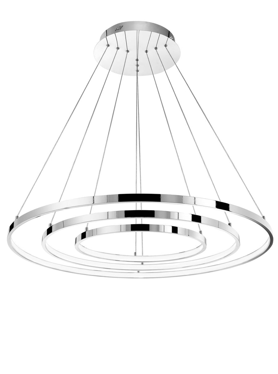 Détail du luminaire montrant les anneaux chromés et les bandes noires intégrées.