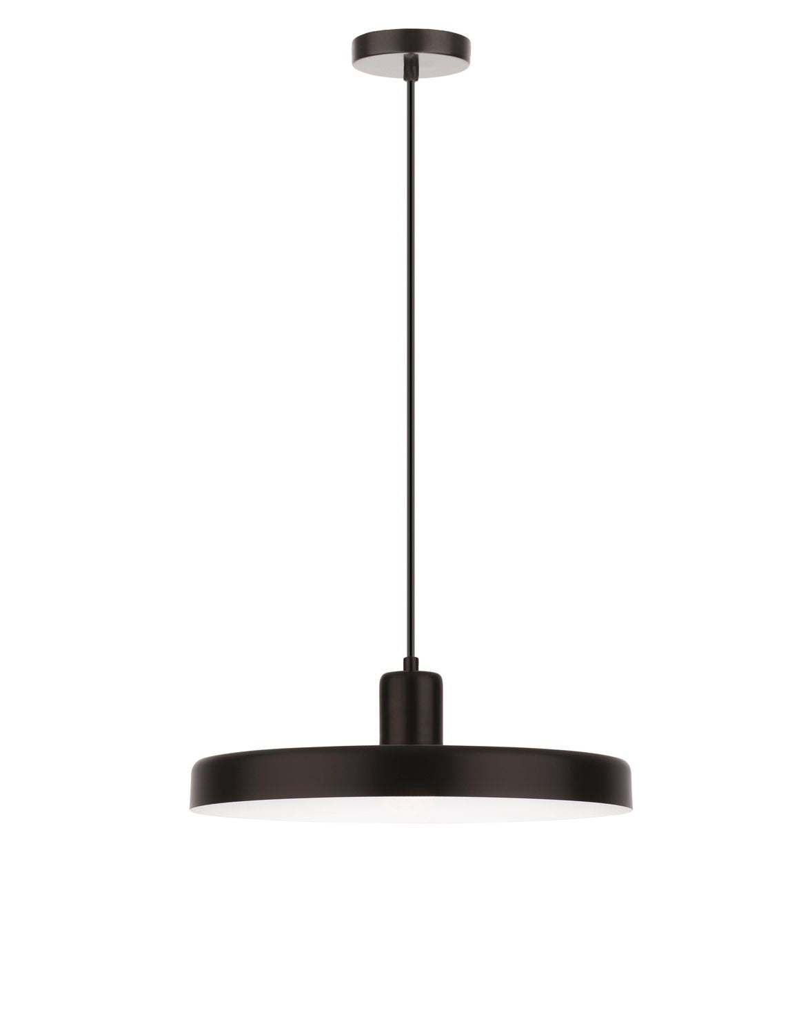 Vue de face du luminaire noir suspendu, avec sa rosace et son câble