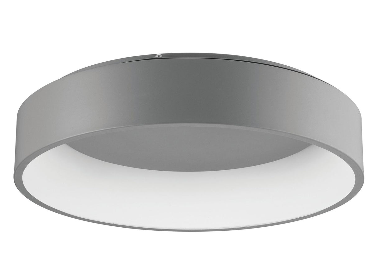 Vue de dessous du luminaire rond gris avec diffuseur blanc en verre opale
