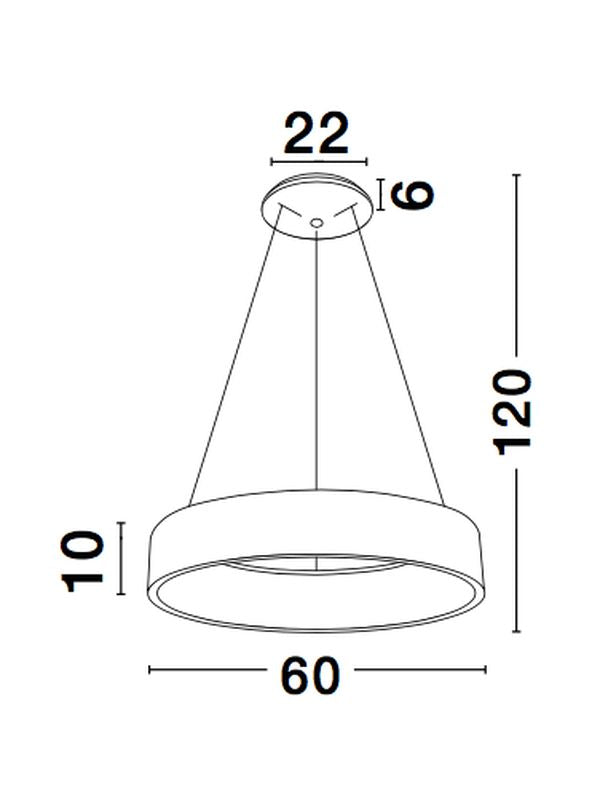 Schéma technique coté : diamètre 60 cm, hauteur 10 cm, suspension réglable 120 cm.