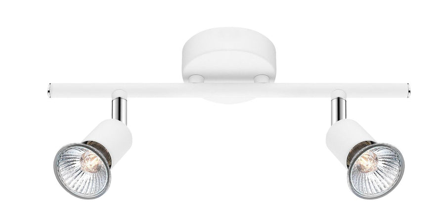 Vue de face du plafonnier blanc à deux projecteurs orientables sur une barre horizontale.