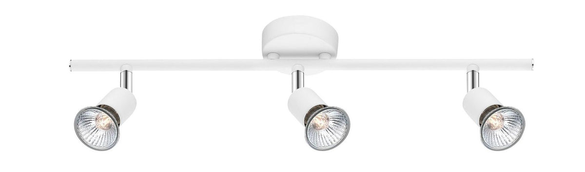 Vue de face du luminaire blanc : barre fine et trois projecteurs orientables à réflecteurs argentés