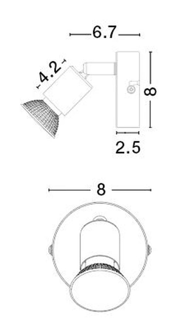 Schéma de dimensions cotées du spot mural, vue de profil et de dessous
