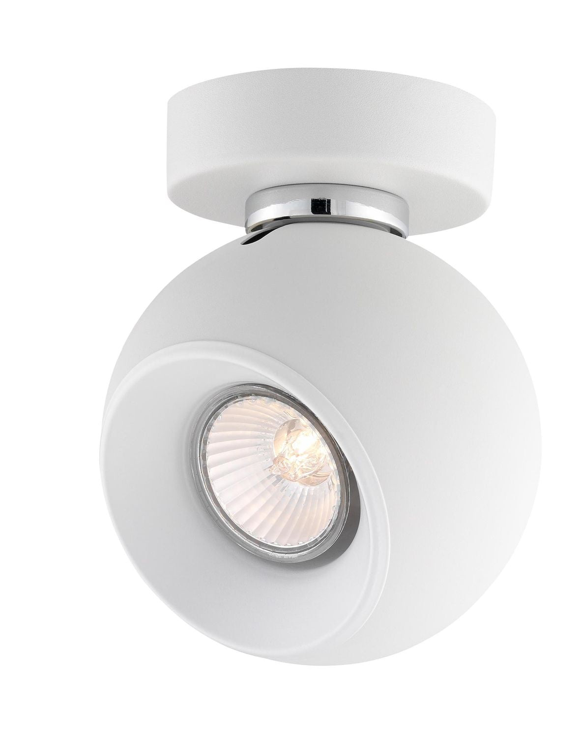 Vue rapprochée du plafonnier blanc montrant la sphère orientable et l'ampoule halogène.