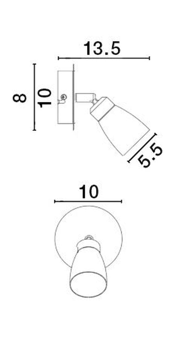 Schéma technique coté du spot, dimensions 13.5 cm et 10 cm.