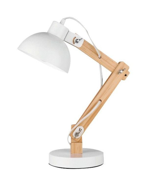 Vue de profil de la lampe, bras articulé en bois et abat-jour blanc