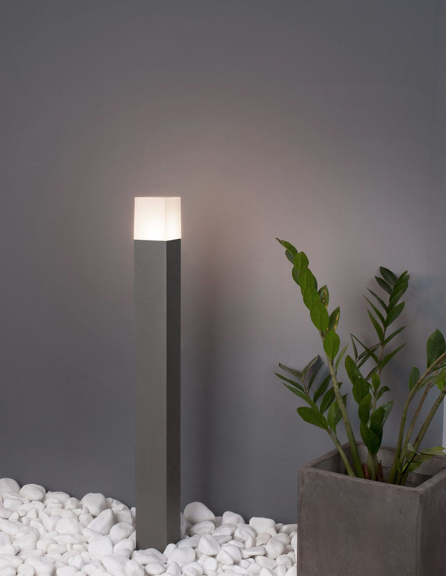 Borne lumineuse grise allumée posée sur des galets blancs, dans un décor gris avec plante verte.