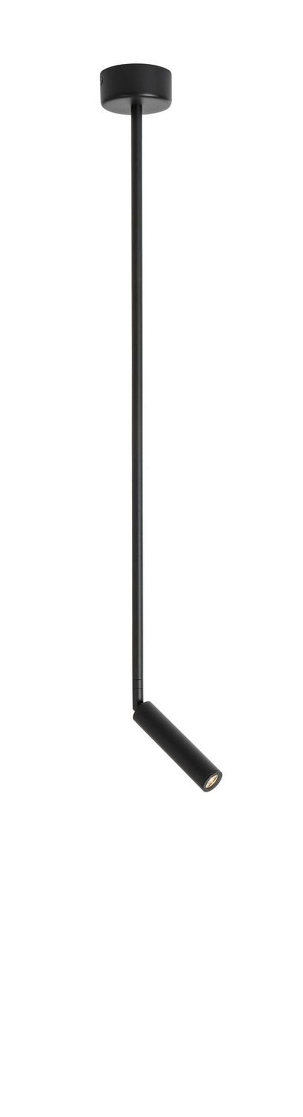 Vue de face du luminaire noir : tige rigide et tête cylindrique orientable