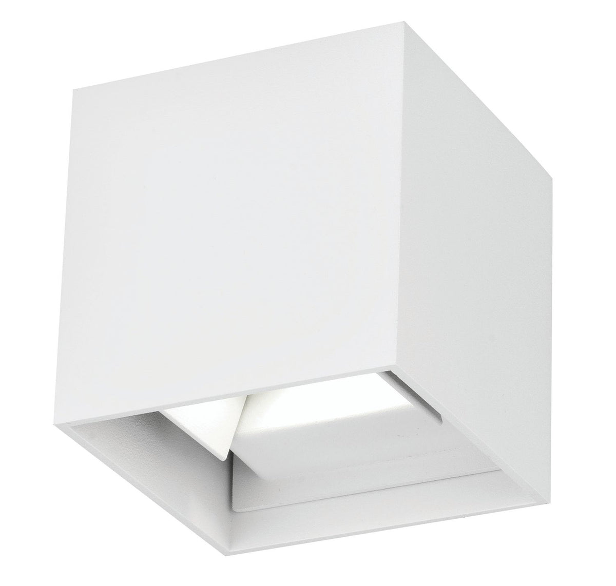 Vue rapprochée du boîtier cubique blanc et de son verre dépoli