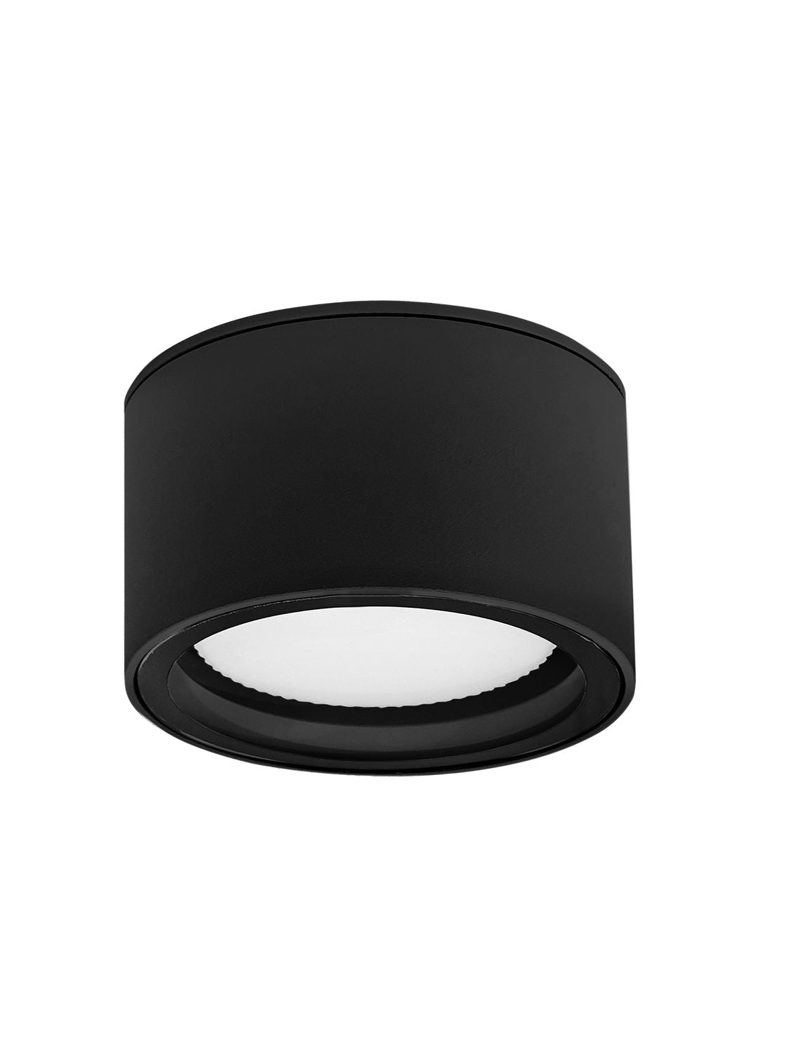Produit de face sur fond blanc, boîtier cylindrique noir mat et diffuseur en verre dépoli