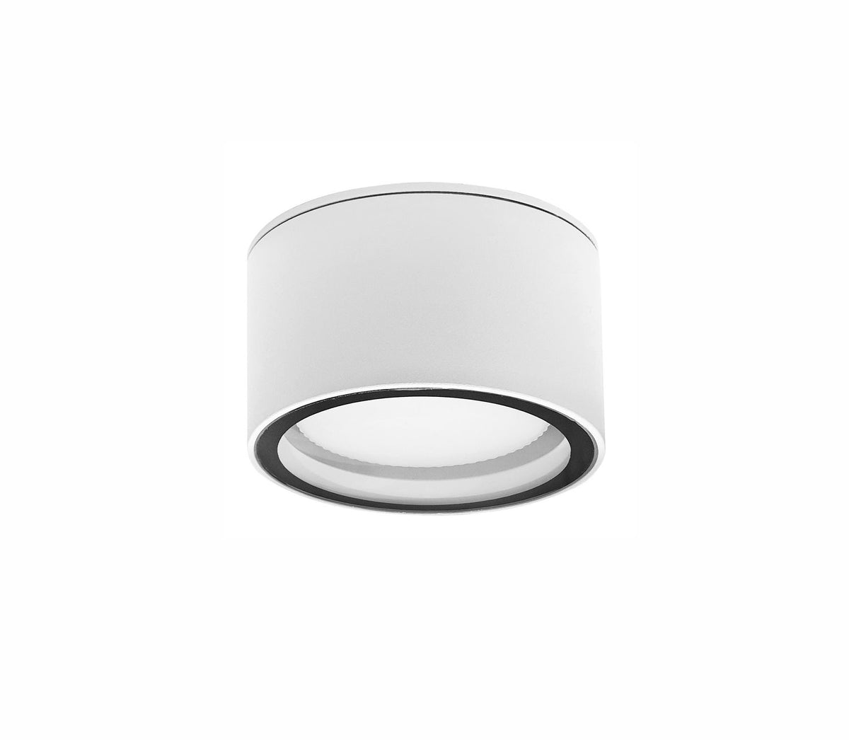 Vue de face du plafonnier blanc sur fond blanc, verre opale et liseré noir