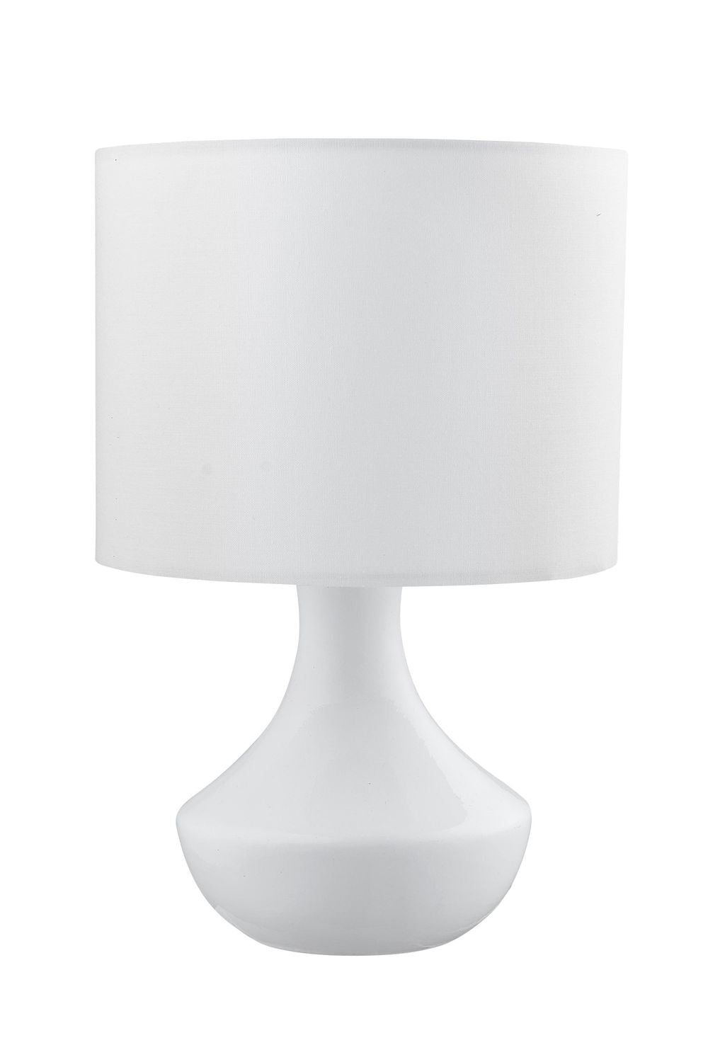 Vue de face du luminaire blanc, abat-jour cylindrique et pied fuselé