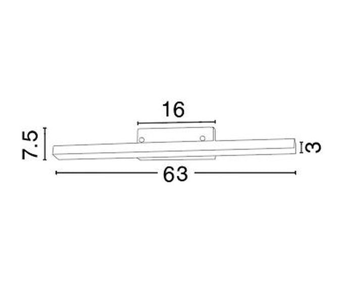 Schéma coté indiquant 63 cm de largeur, 7,5 cm de hauteur et 16 cm de platine