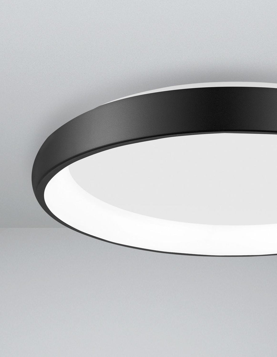 Détail rapproché du cerclage noir mat et du diffuseur blanc opale