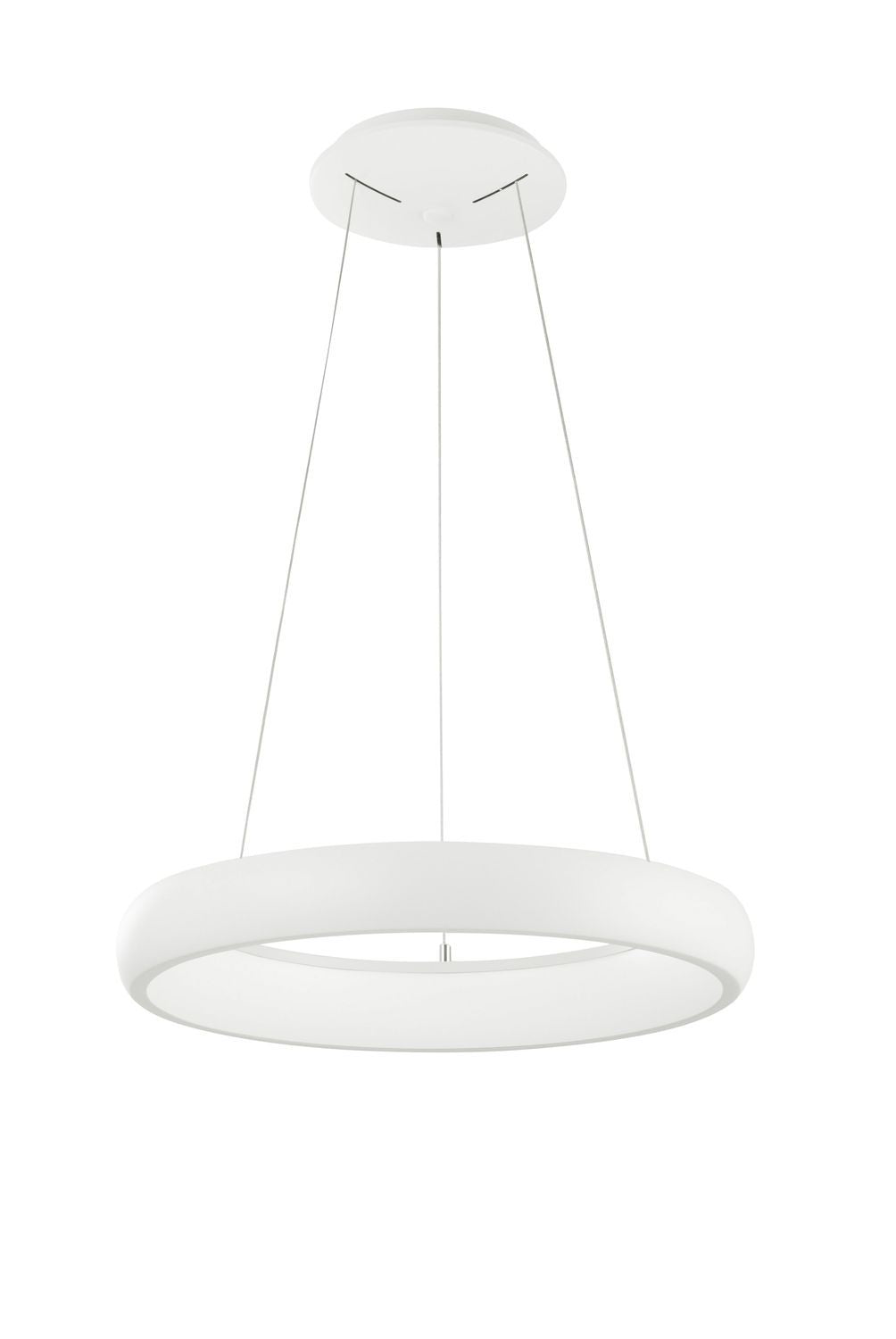 Vue de face du luminaire suspendu blanc en anneau sur fond neutre clair