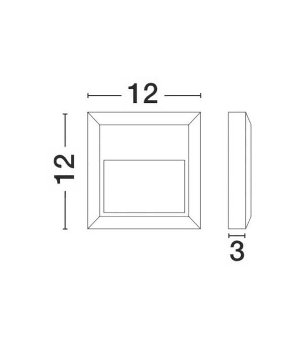 Schéma de dimensions avec largeur et hauteur 12 cm et profondeur 3 cm.