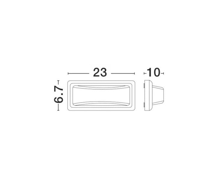 Schéma technique : applique extérieure de 23 cm, hauteur 6,7 cm, profondeur 10 cm.