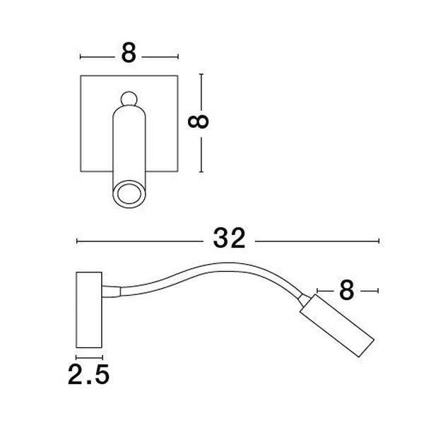 Schéma coté de l'applique : platine carrée de 8 cm, bras de 32 cm, tête de 8 cm