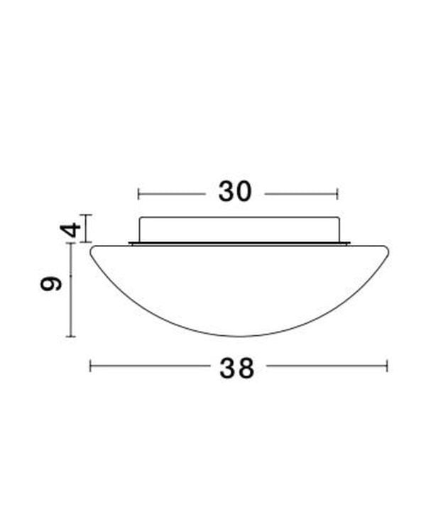Schéma technique coté indiquant diamètre 38 cm, hauteur 9 cm et base 30 cm
