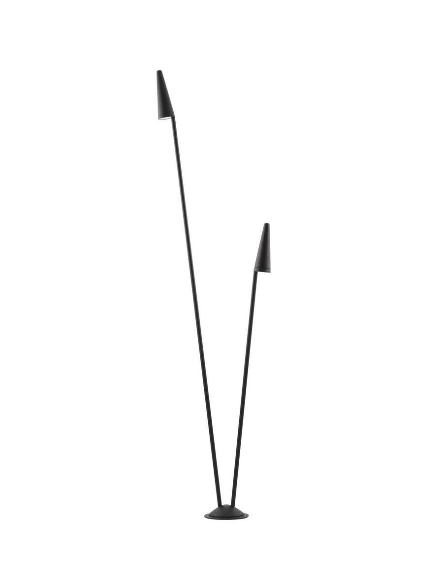 Vue de face du luminaire noir à deux tiges fines et têtes coniques.