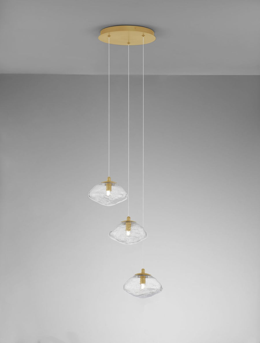 Vue de face, ampoules allumées visibles à l'intérieur des globes transparents