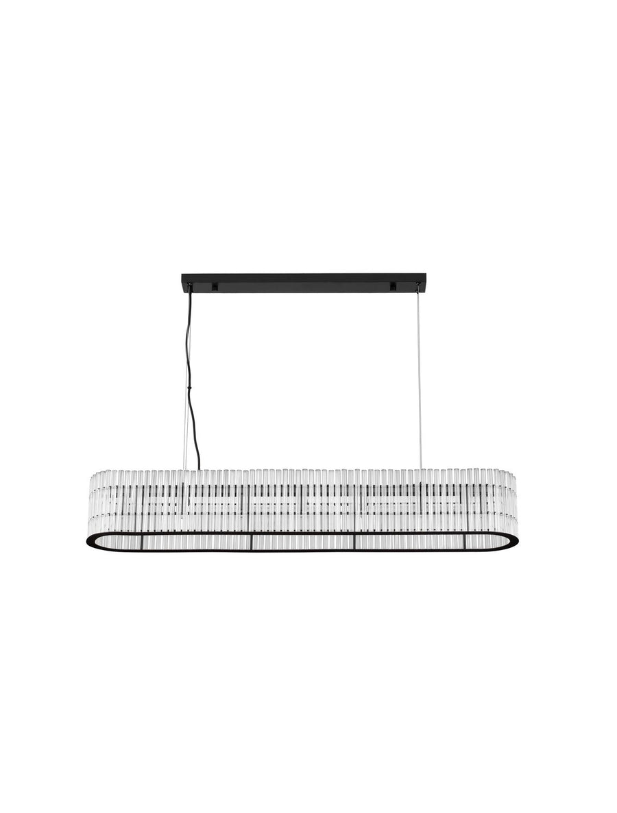 Vue de face sur fond blanc du luminaire avec ses tiges de verre transparent