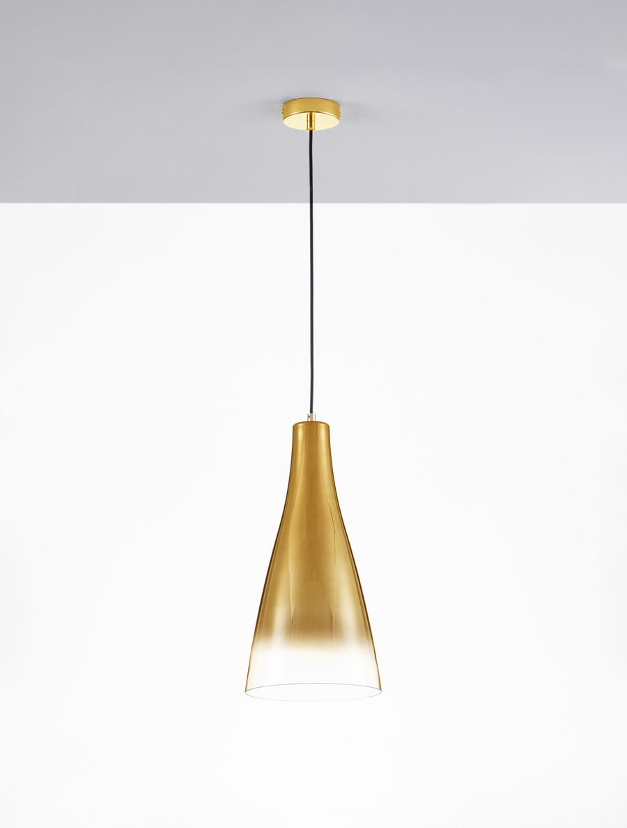 Suspension conique en verre ambré, vue d'ensemble sur fond gris