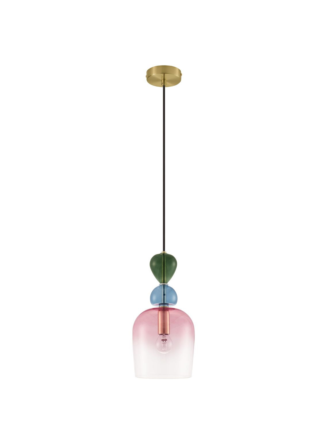 Vue de face du luminaire suspendu avec sa longue corde et son support plafond doré.