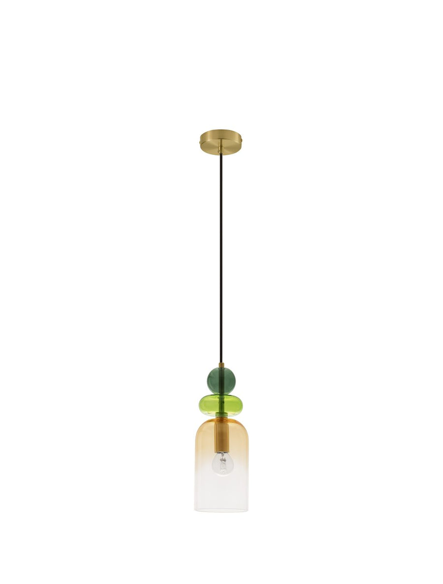Vue de face du luminaire entier sur fond blanc avec câble et rosace dorée