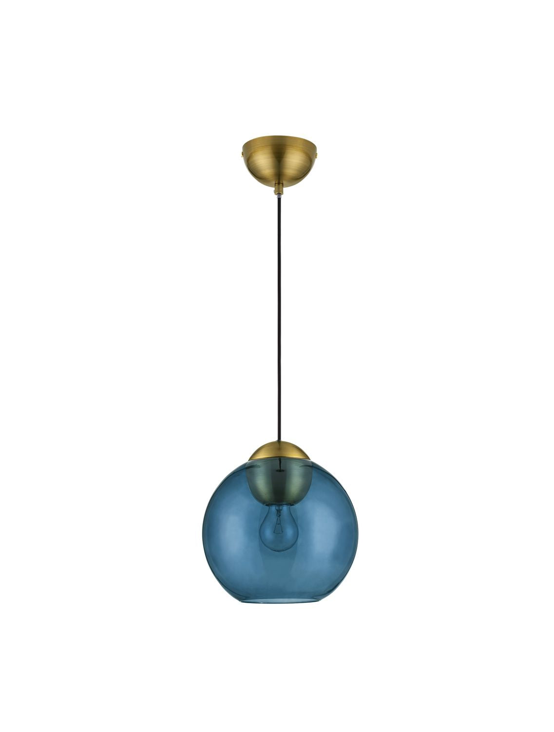 Vue de face du luminaire suspendu, verre bleu et calotte dorée sur fond blanc