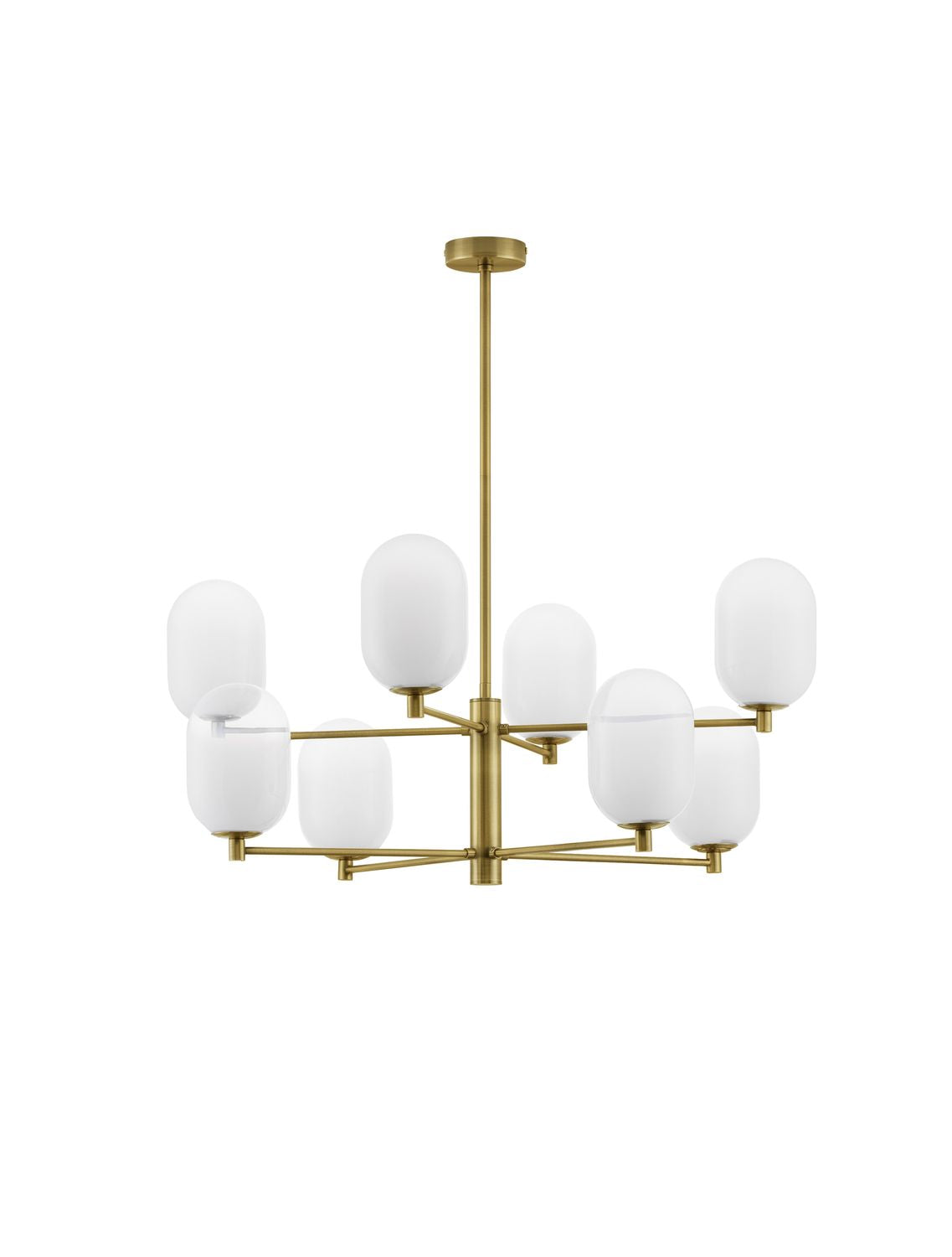 Vue de face du luminaire seul, huit globes opalins sur fond blanc
