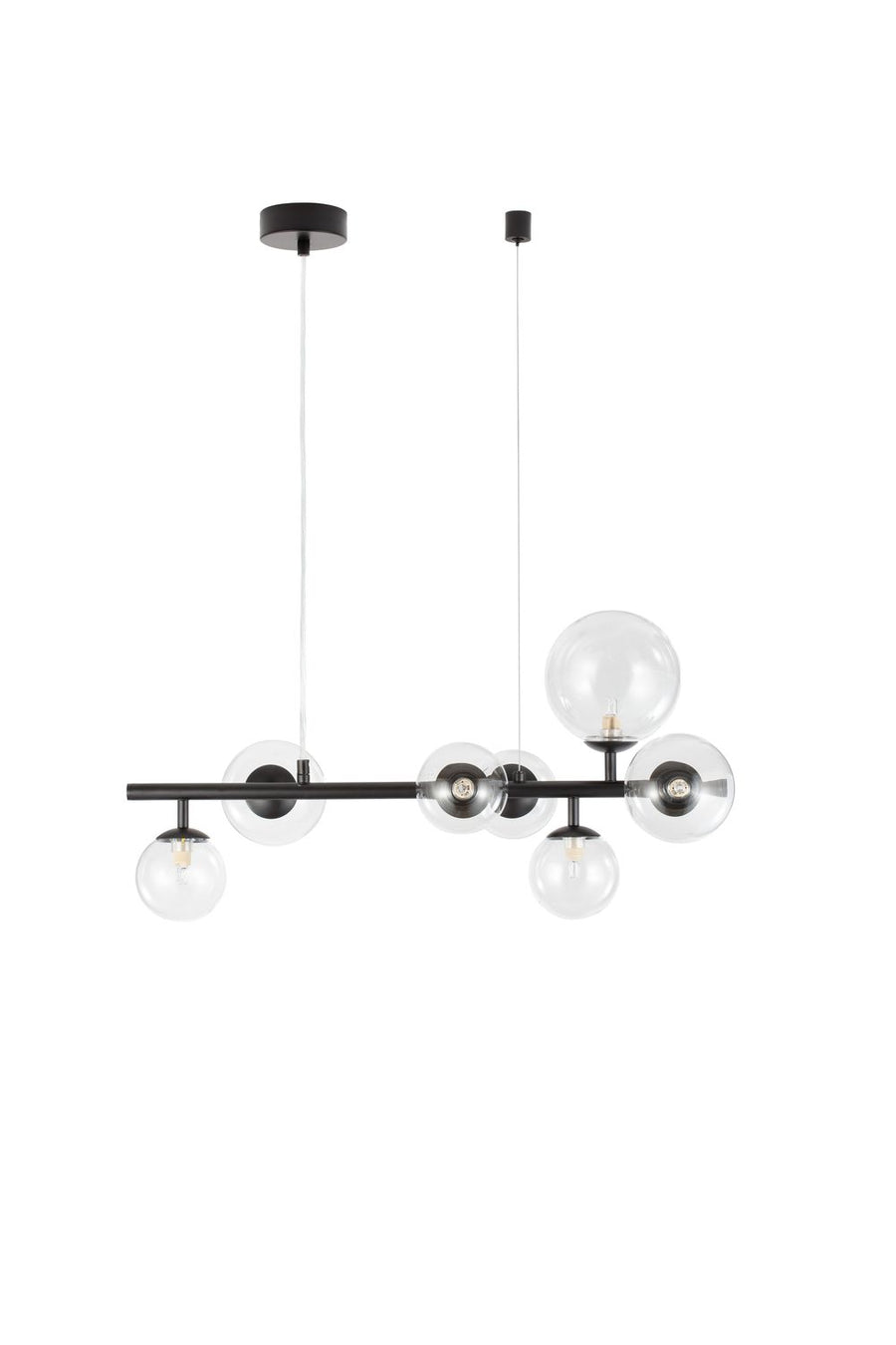 Vue de face de la suspension sur fond blanc avec ses sept globes en verre