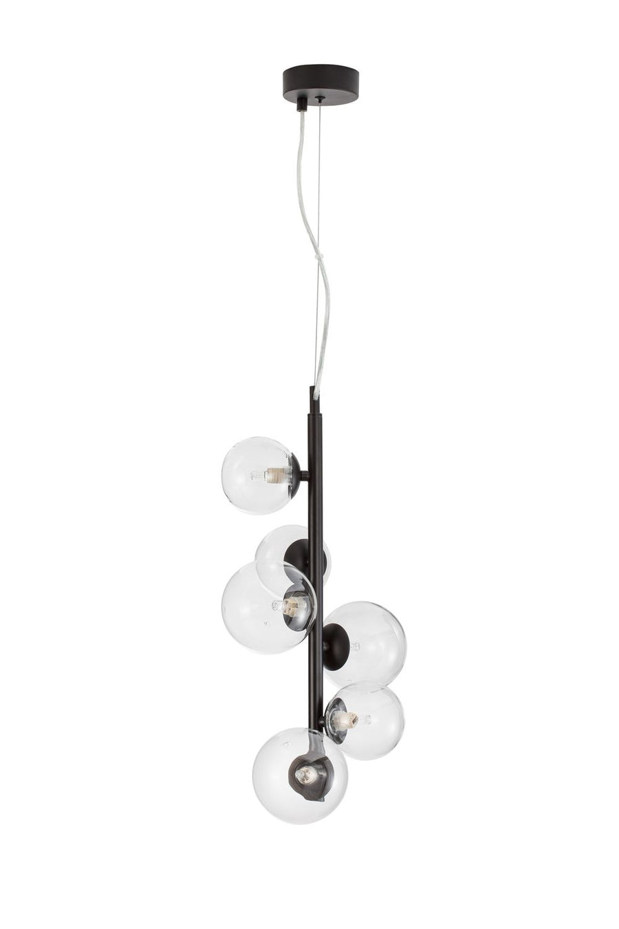 Vue du luminaire sur fond blanc, tige verticale noire et six boules de verre