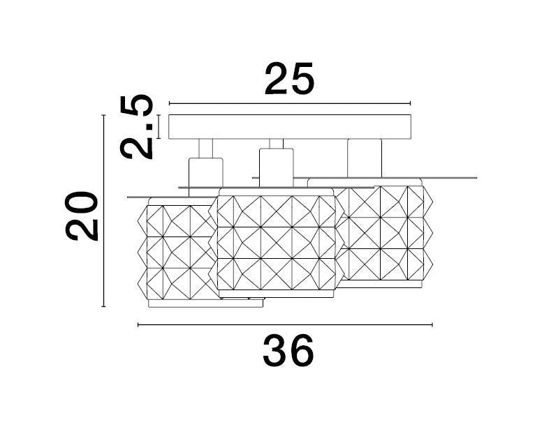 Schéma coté du luminaire avec dimensions 25, 36 et 20 centimètres