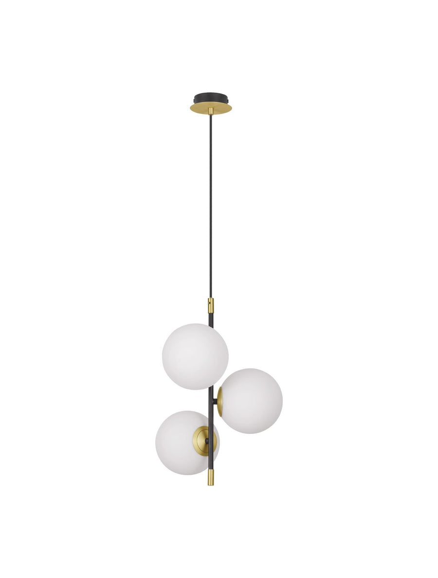 Vue de face sur fond blanc, tige noire et trois globes opalins