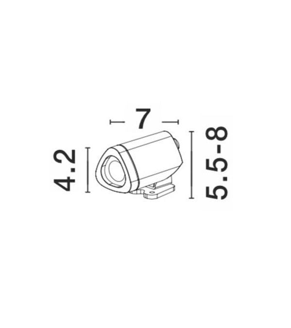 Schéma technique coté du projecteur : largeur 7, hauteur 4,2 et 5,5-8