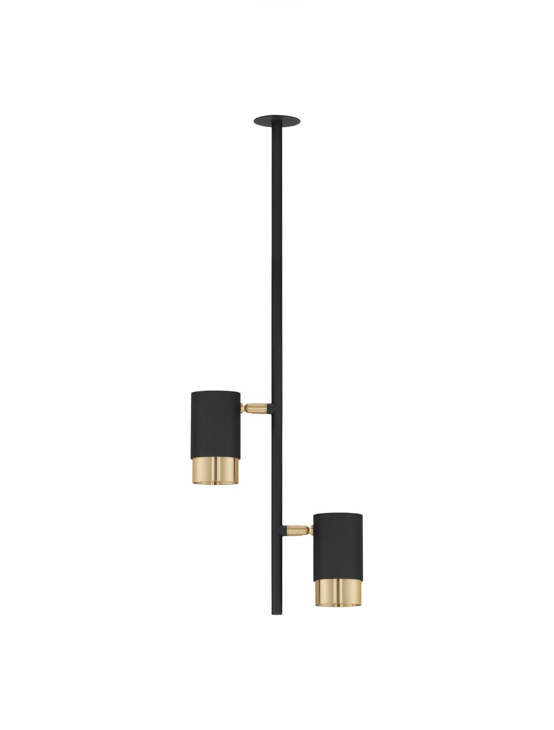 Vue de profil du luminaire éteint, tige verticale et deux spots noirs