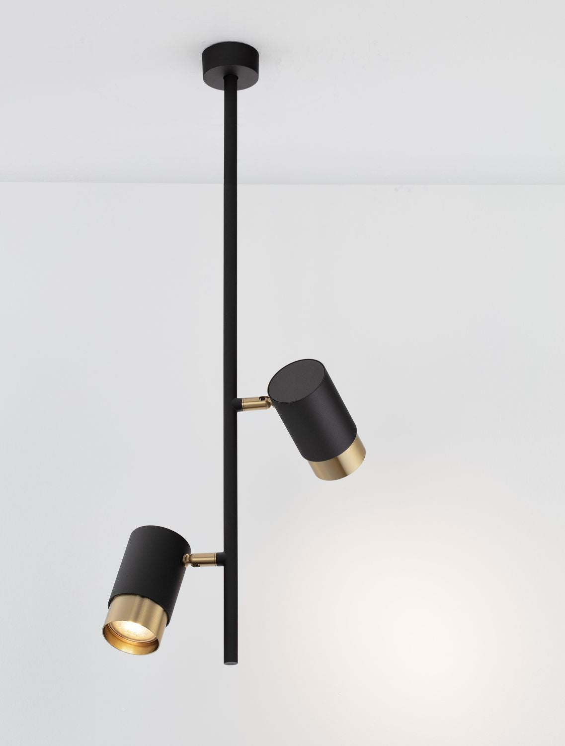 Gros plan sur les deux spots cylindriques orientables noirs à bas doré.