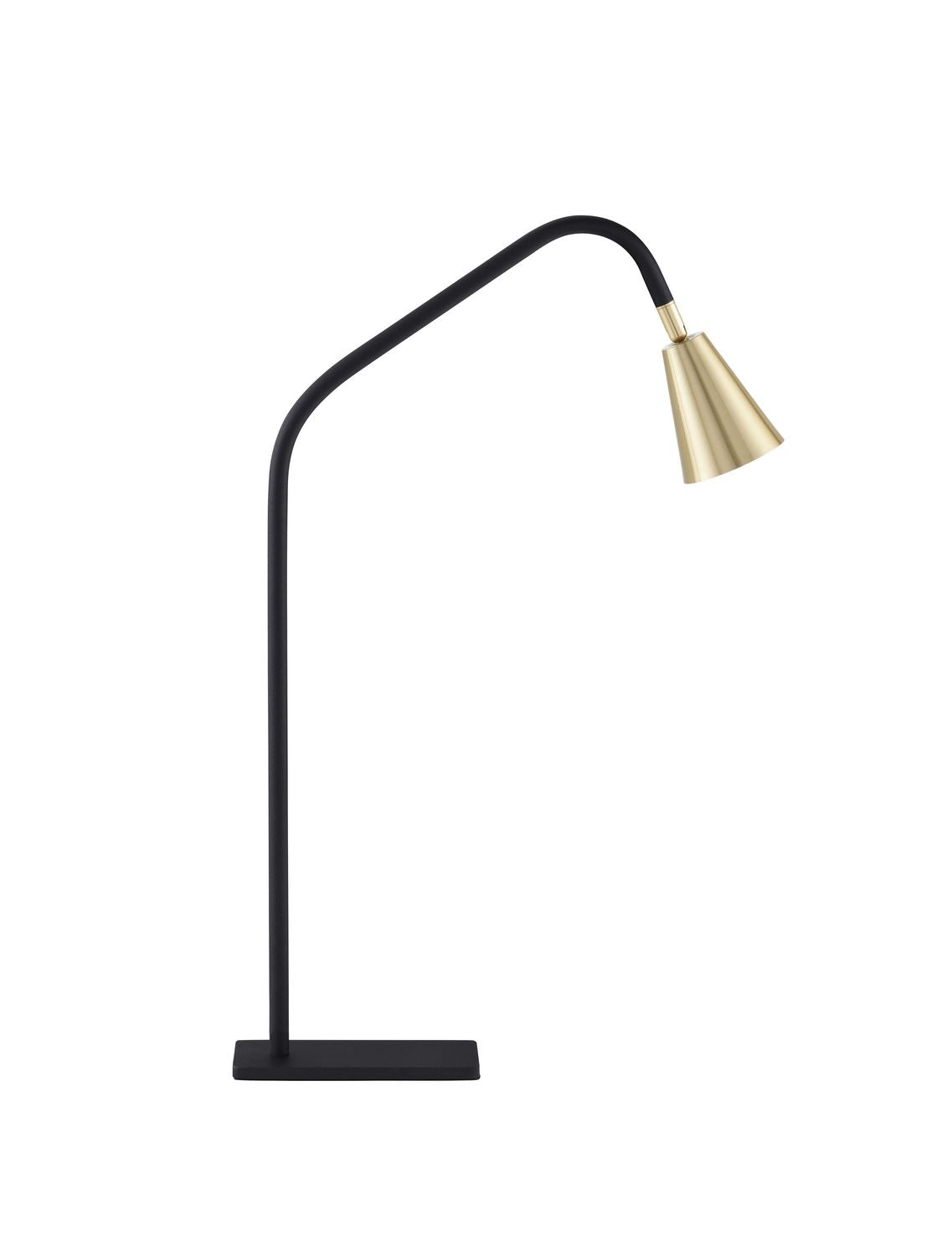 Vue de profil de la lampe à poser, abat-jour conique en laiton et socle noir.