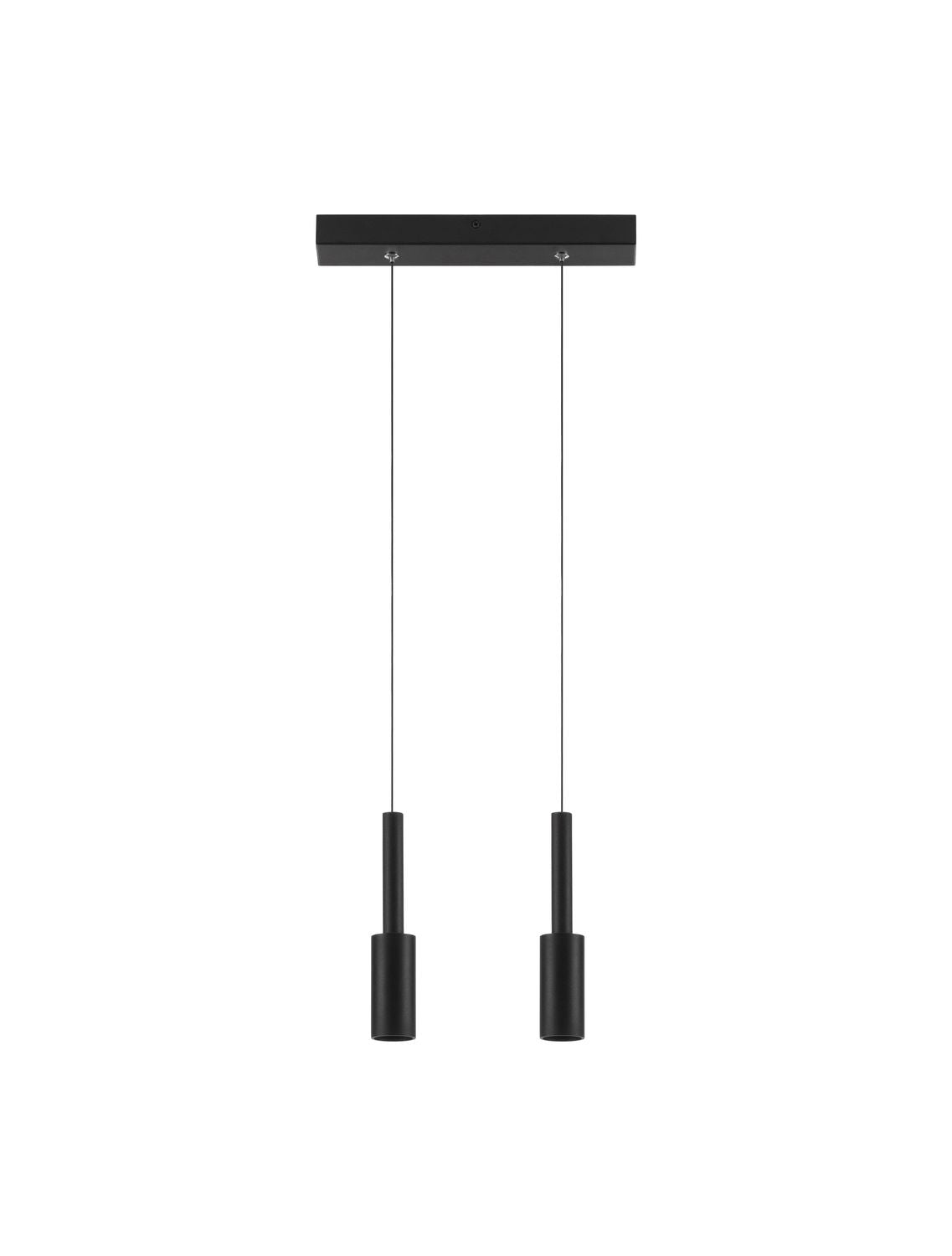 Vue de face sur fond blanc du luminaire avec sa platine rectangulaire et deux câbles