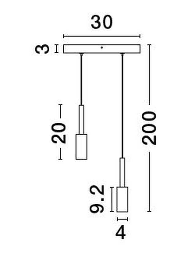 Schéma coté du luminaire avec barre de trente centimètres et hauteur totale