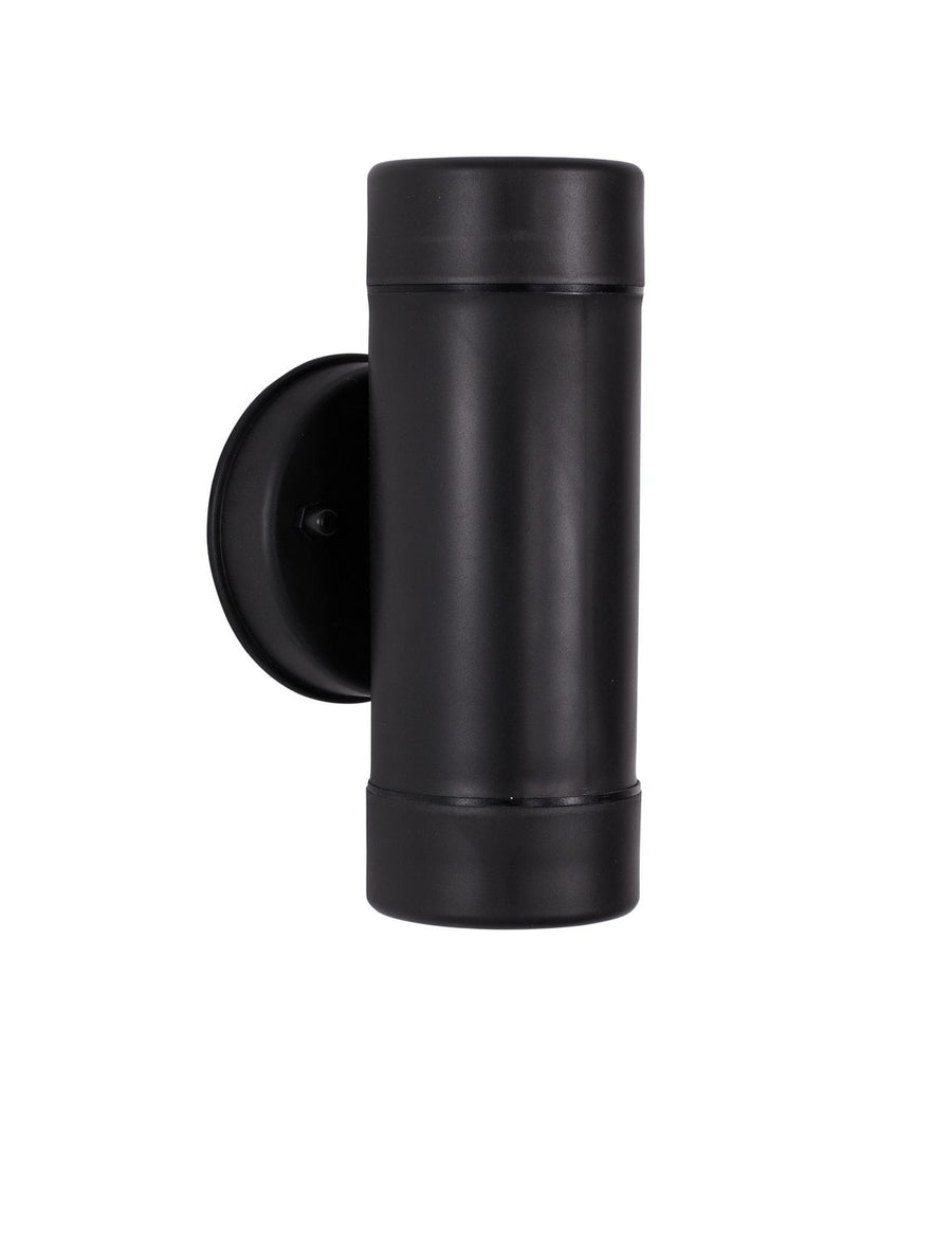 Vue de profil du luminaire cylindrique noir et de sa platine ronde