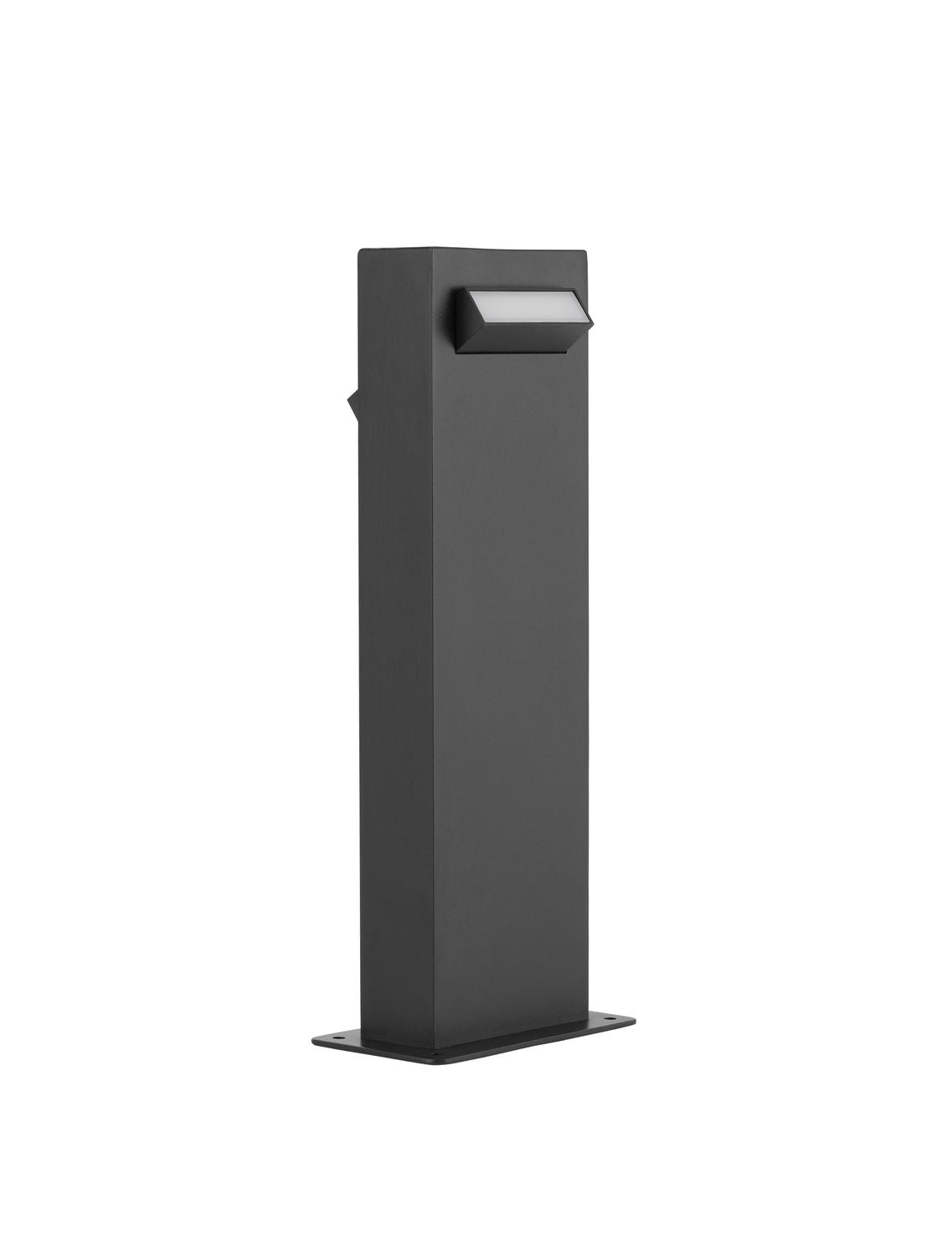 Vue produit du luminaire noir rectangulaire sur fond blanc, avec sa platine de fixation