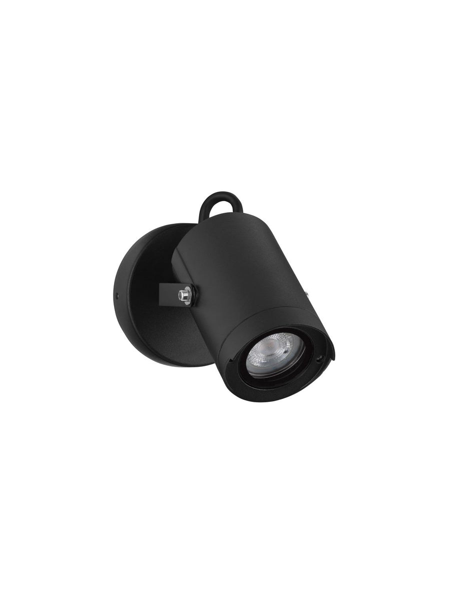 Vue de profil sur fond blanc, projecteur noir orientable avec support mural et verre transparent.