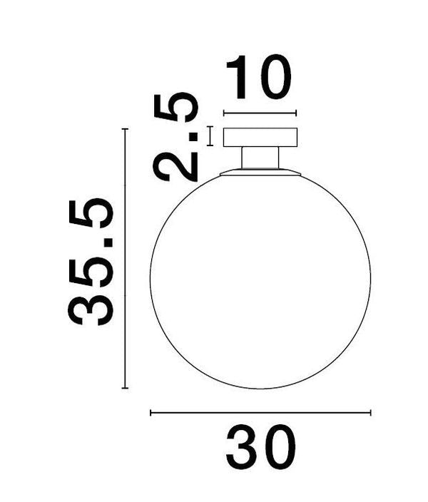 Schéma coté du plafonnier : hauteur 35,5 cm, diamètre 30 cm, rosace 10 cm