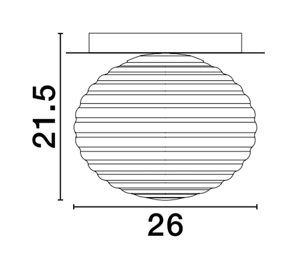 Schéma technique coté du plafonnier : hauteur 21,5 cm et diamètre 26 cm.