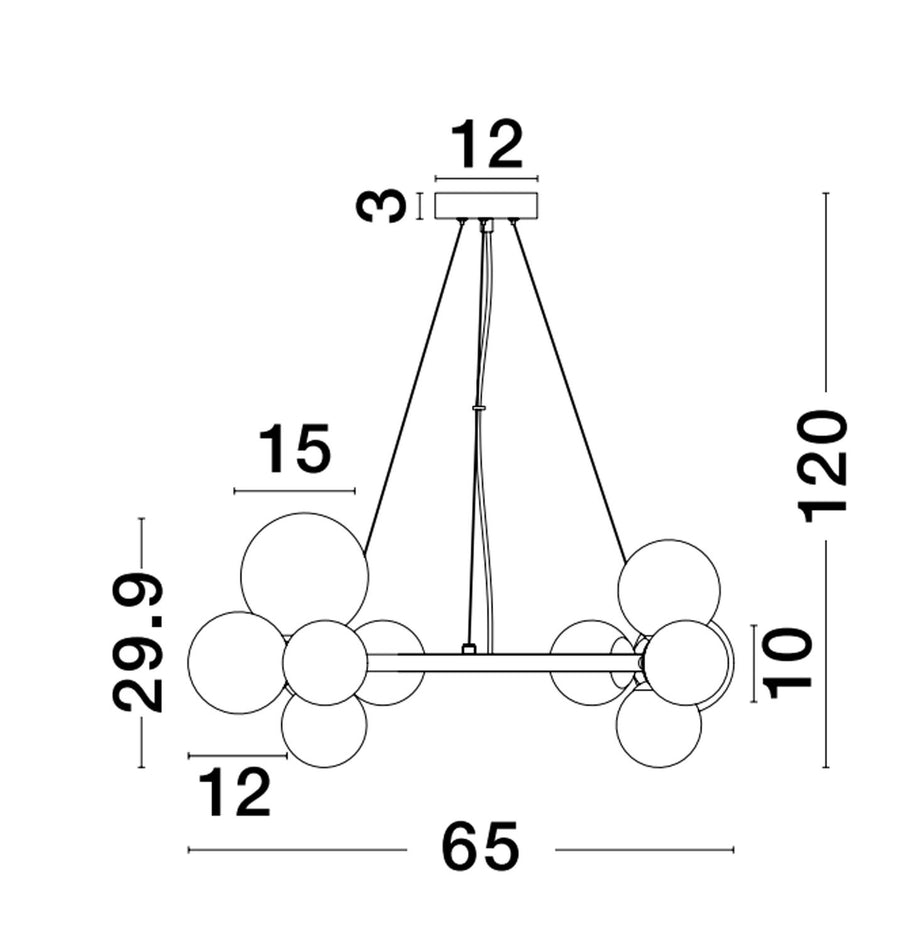 Schéma coté du luminaire indiquant hauteur, diamètre et dimensions des globes en centimètres