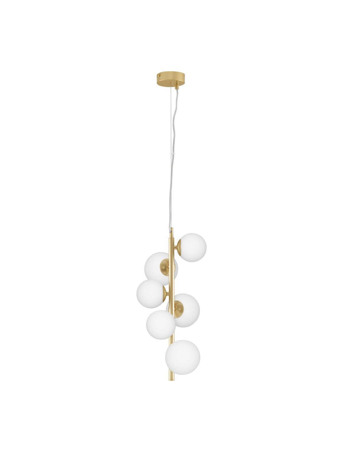 Vue de face du luminaire suspendu avec ses six globes blancs et sa structure dorée.